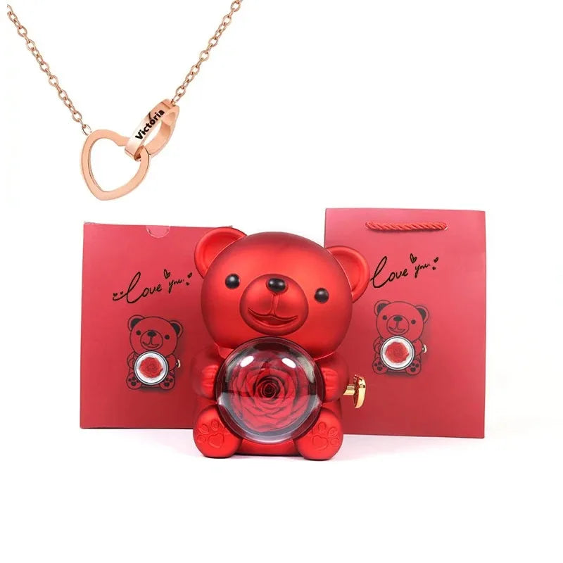 Eternal Rose Bear W/ Engraved Necklace