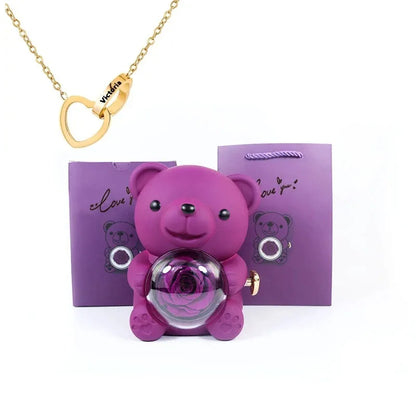 Eternal Rose Bear W/ Engraved Necklace