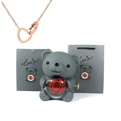 Eternal Rose Bear W/ Engraved Necklace