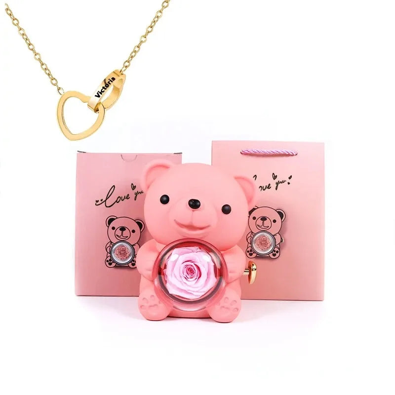 Eternal Rose Bear W/ Engraved Necklace