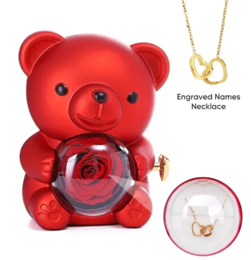 Eternal Rose Bear W/ Engraved Necklace